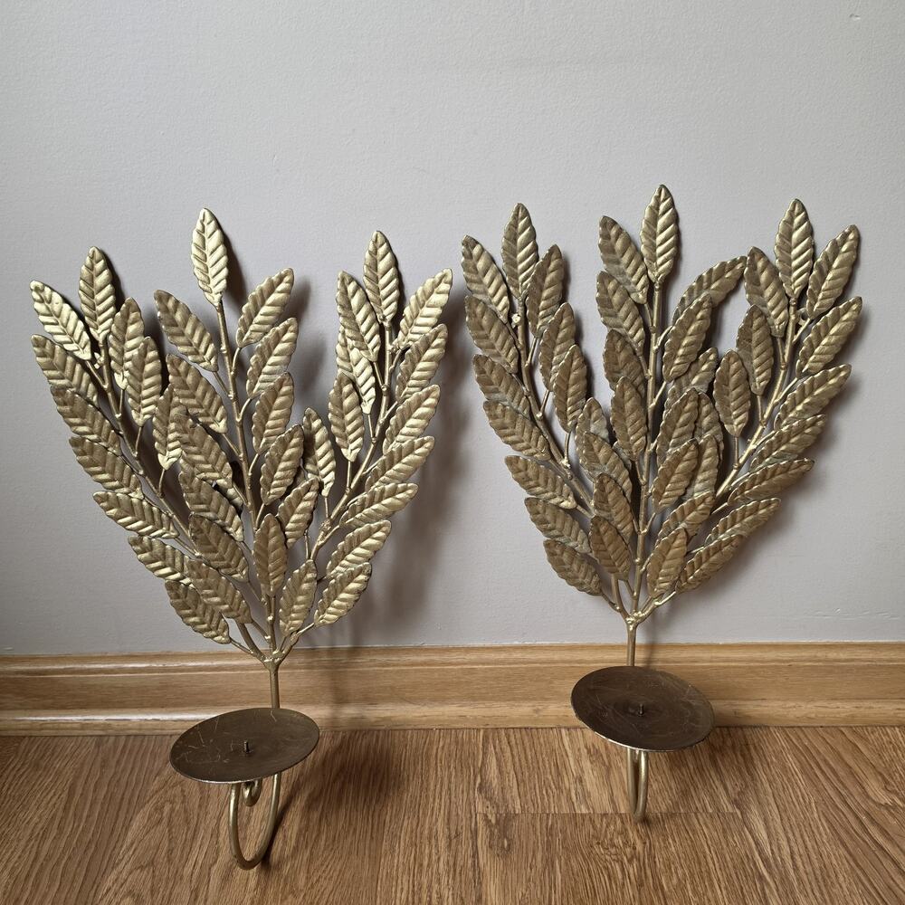 Vintage Gold Tone Metal Wall Sconce Candle Holder Set Of 2 Fern Heavy Decor MCM